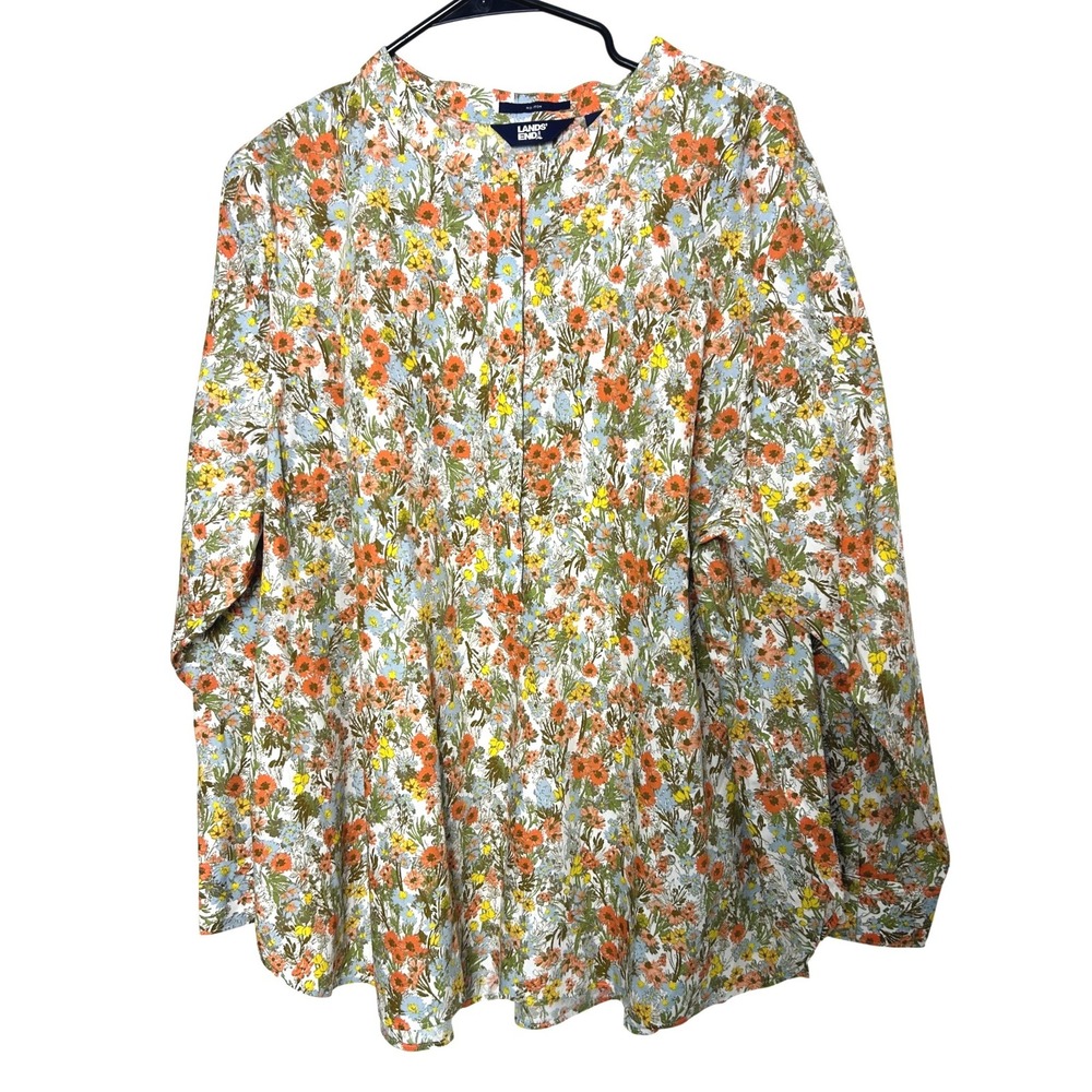 Lands' End Blouse Women 2X Multicolor Floral No Iron Band Collar Garden Summer